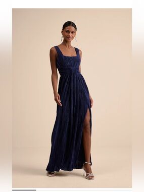Lulu's Navy Pleated Maxi Dress with Square Neck & Side Slit